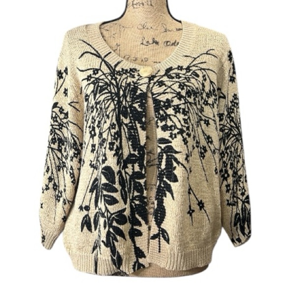 Tweeds EC cardigan with a beige background and black floral print.  Size 1X